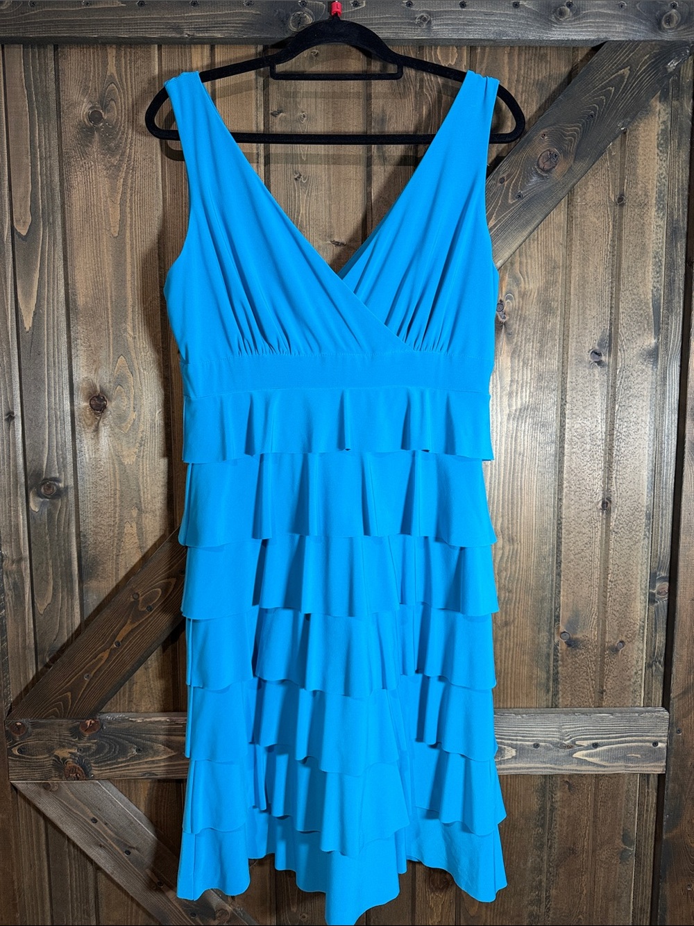 Frank Lyman Design Vibrant Turquoise Tiered V-Neck Midi Dress